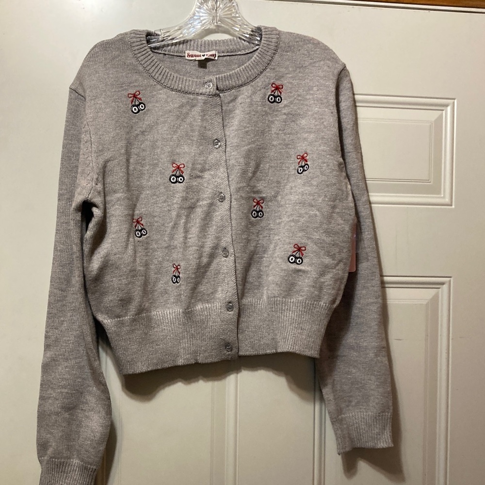 envy Gray Embroidered‎ Crewneck Cardigan with Red Bow Accents XL NWT
